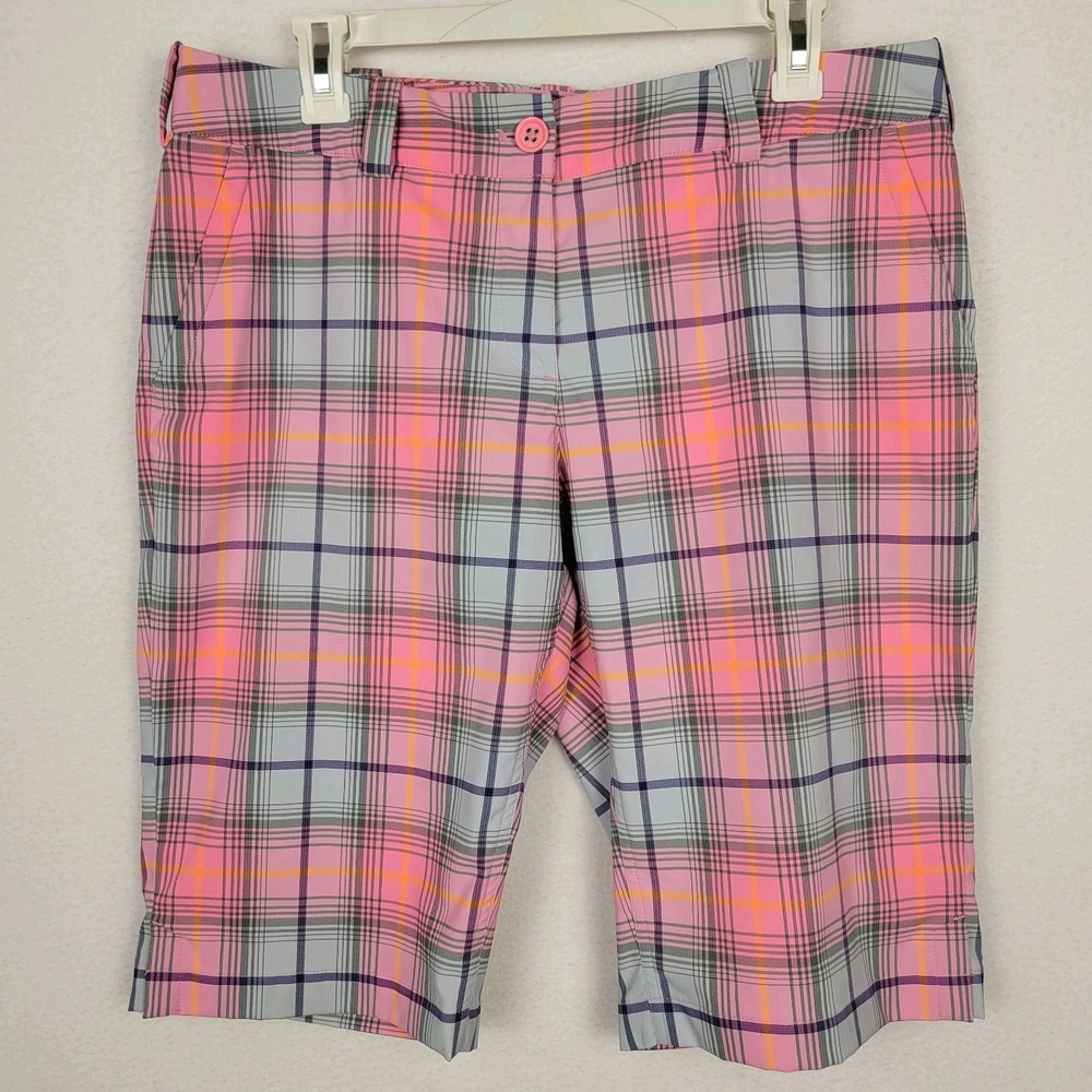 Nike Golf Tour Performance Plaid Bermuda Shorts Womens 10 Pink Gray Preppy